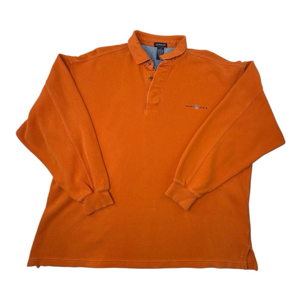 Vintage GANT Mens Orange Lg Sleeve Polo Shirt Lg Cotton USA Logo Golf Rugby EUC